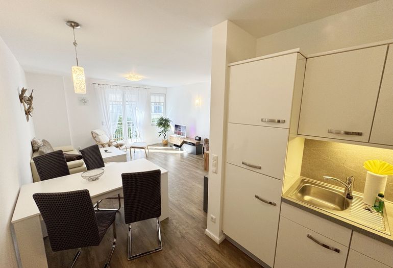 gemütlicher Wohnbereich mit Küchenzeile sowie Esstisch mit Stühlen gemütlicher Wohnbereich mit Küchenzeile sowie Esstisch mit Stühlen