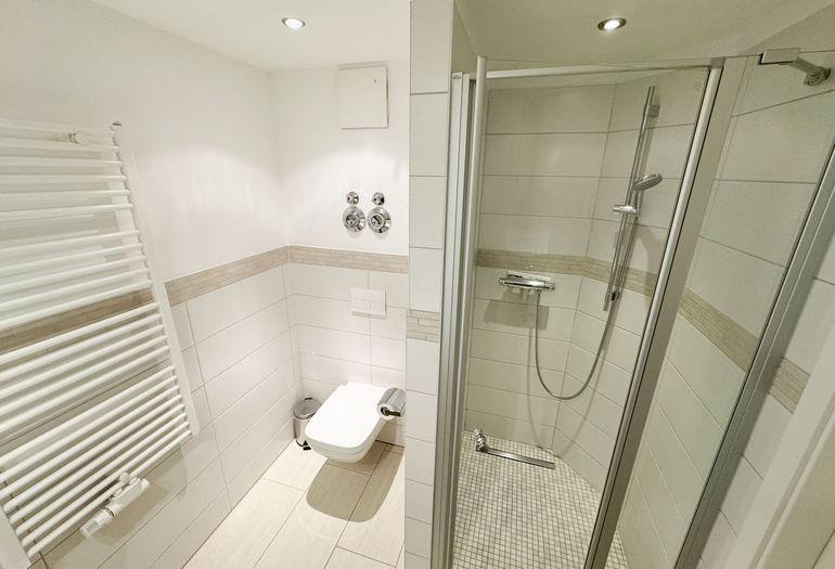 innenliegendes Badezimmer mit WC und ebenerdiger Dusche