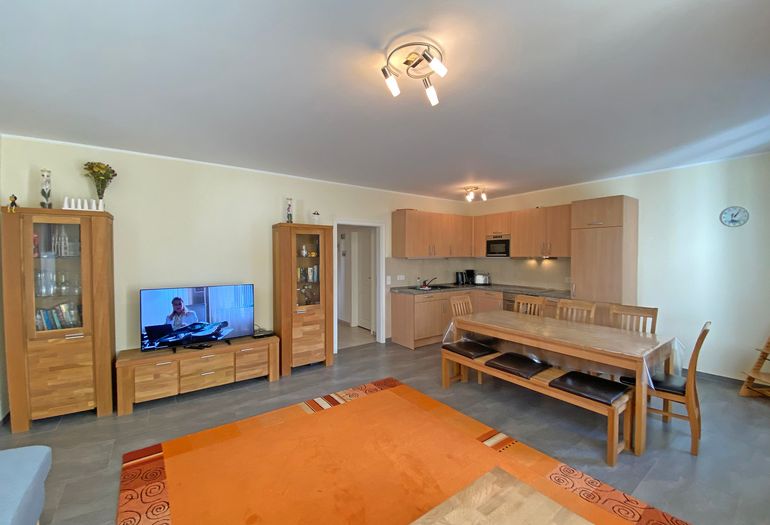 Wohnzimmer mit TV und Blick zum Essbereich