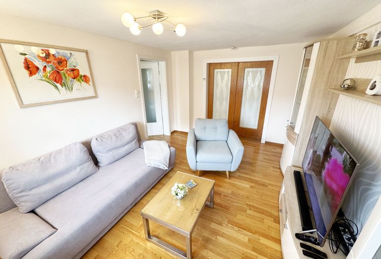 modernes Wohnzimmer mit Couch und Sessel