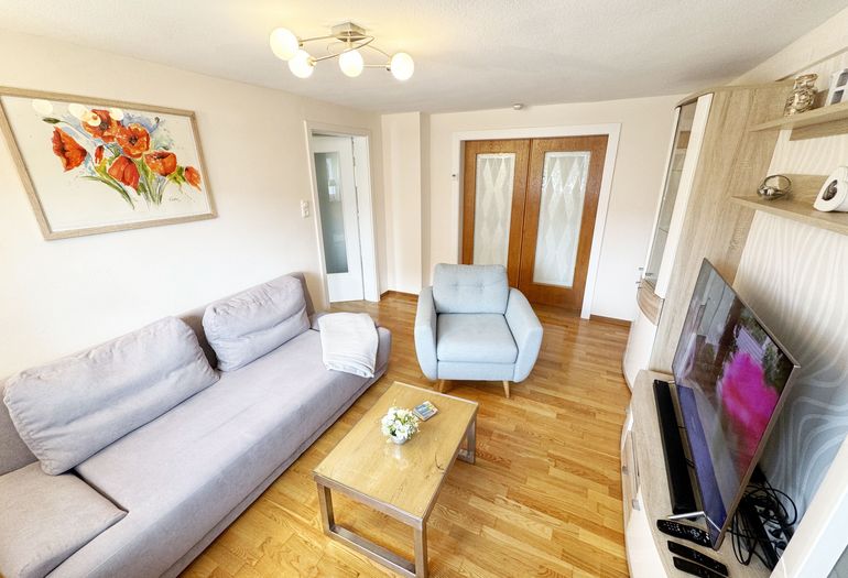 modernes Wohnzimmer mit Couch und Sessel