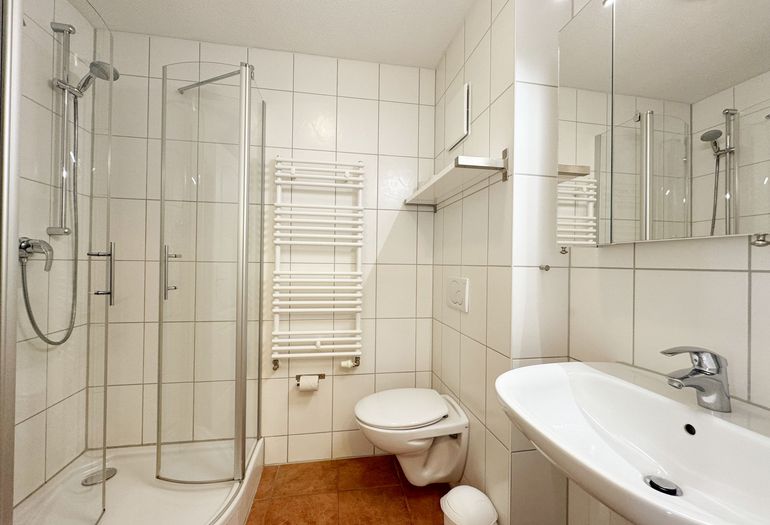 Badezimmer mit Dusche, Waschbecken und WC