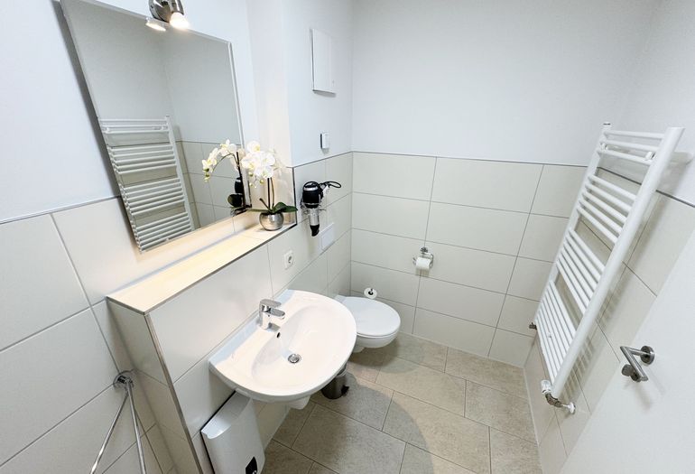 Badezimmer mit Waschbecken und WC