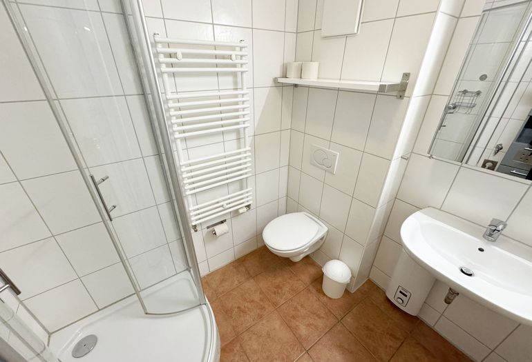 Badezimmer mit Dusche, Waschbecken und WC