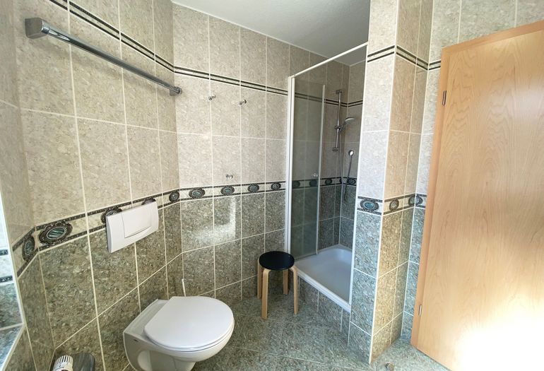 Badezimmer mit Dusche und Fenster