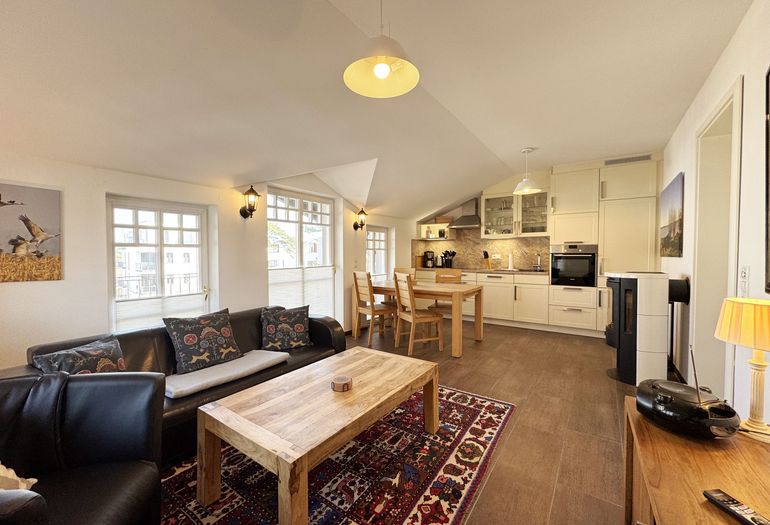 gemütlicher Wohnbereich mit Blick auf die Küchenzeile