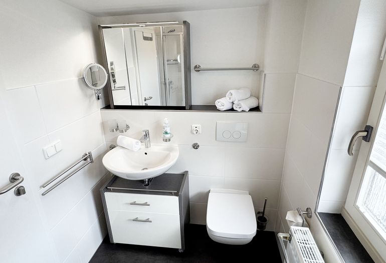 Tageslicht-Badezimmer mit Waschbecken und WC