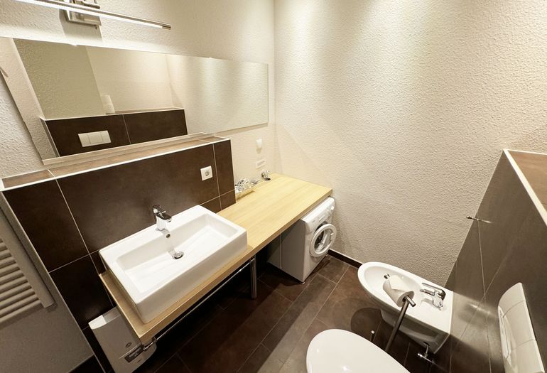 innenliegendes Duschbad mit Waschmaschine, Dusche, Waschtisch und WC