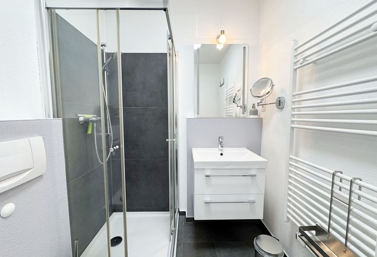 Bad mit Waschbecken, Dusche, WC, Kosmetikspiegel, Handtuchheizkörper