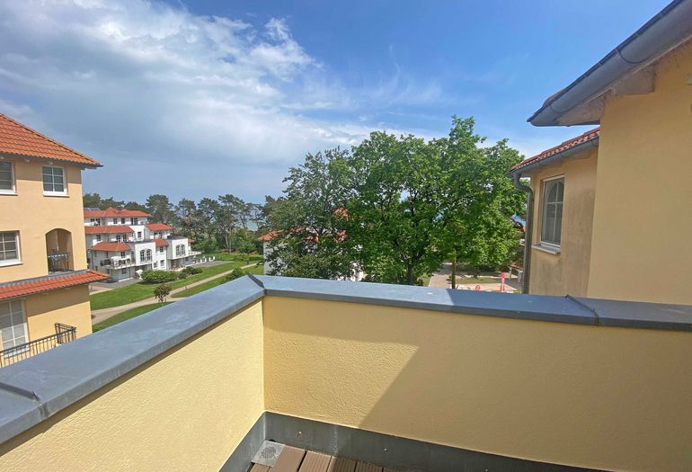 Blick von der Dachterrasse durch die Bäume zur Ostsee