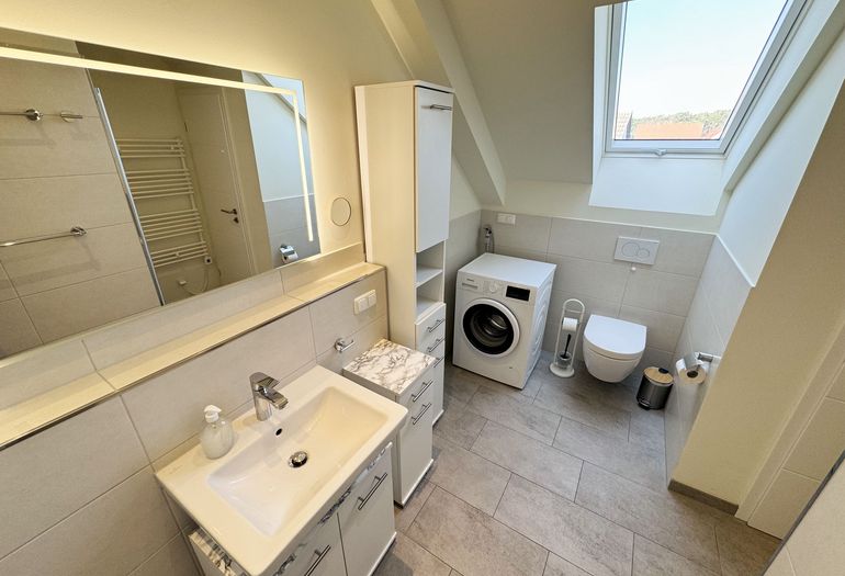 Duschbad mit Waschtisch und Waschmaschine Duschbad mit Waschtisch und Waschmaschine