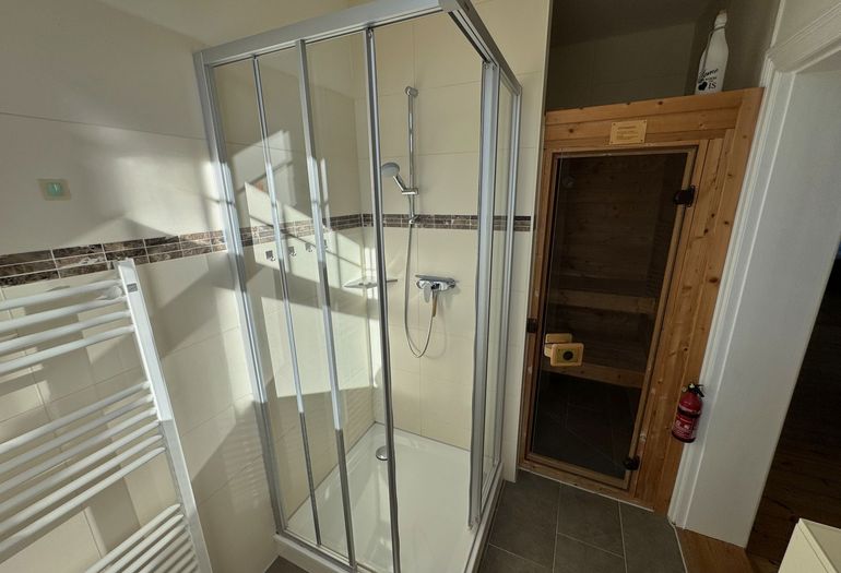 Badezimmer mit Dusche und Sauna