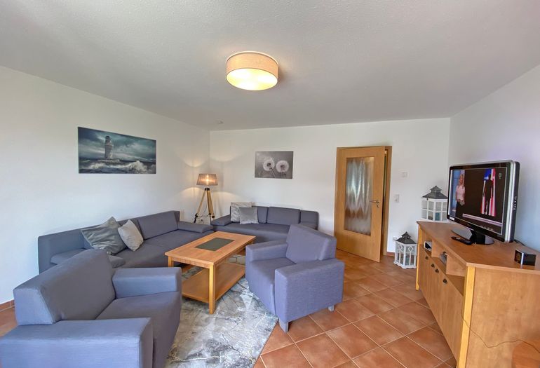 Wohnzimmer mit Couch und TV