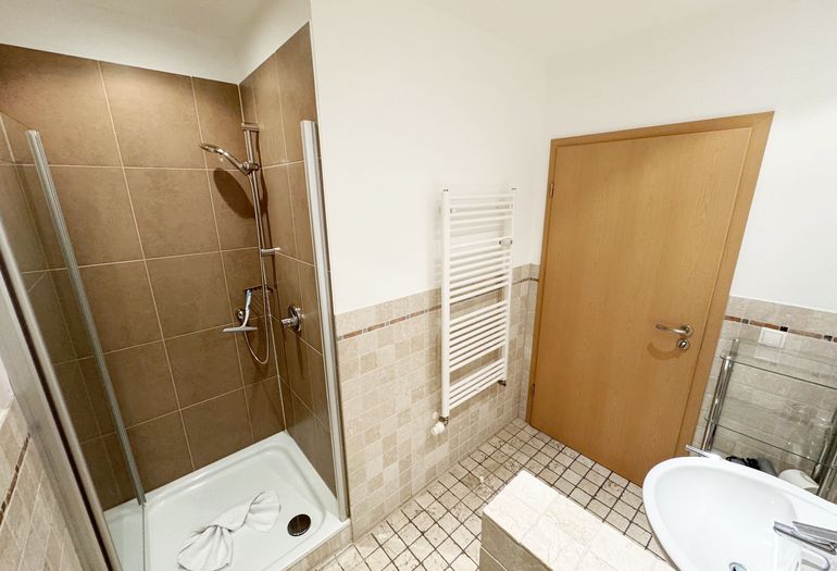 innenliegendes Badezimmer mit Dusche