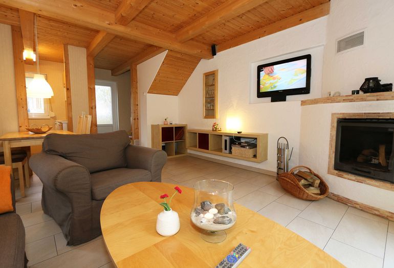 Wohnbereich mit Kamin und TV