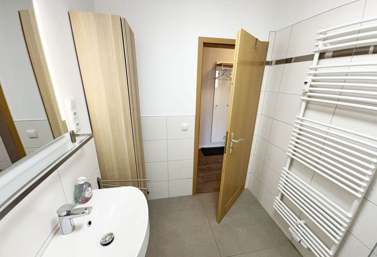 Badezimmer mit Dusche und Waschbecken