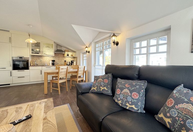 gemütlicher Wohnbereich mit Blick auf die Küchenzeile