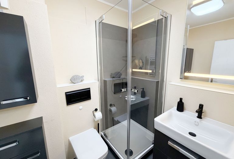 Bad mit Waschbecken, Dusche, WC, Kosmetikspiegel, Handtuchheizkörper